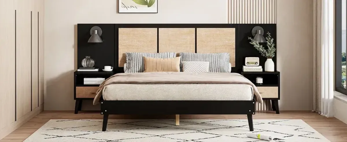 Solid Wood Bed Frame With 2 Nightstands, Elegant Design With Lamps, Rattan And Wood Combination