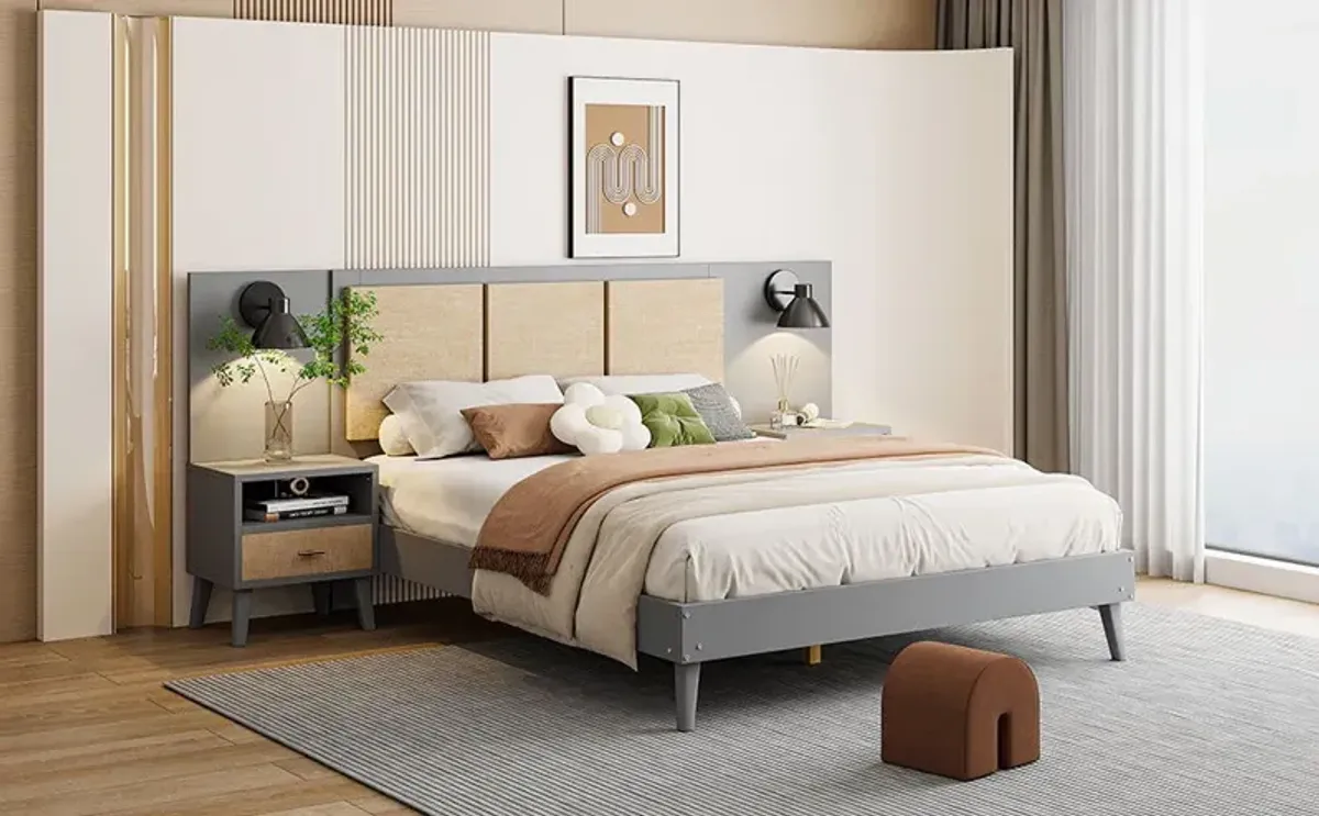 Solid Wood Bed Frame With 2 Nightstands, Elegant Design With Lamps, Rattan And Wood Combination