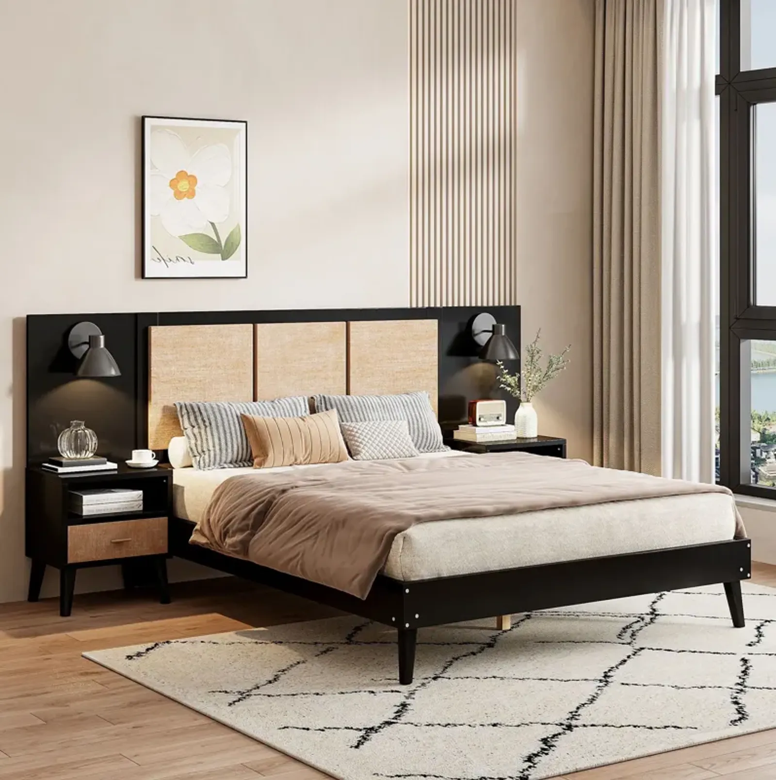 Solid Wood Bed Frame With 2 Nightstands, Elegant Design With Lamps, Rattan And Wood Combination