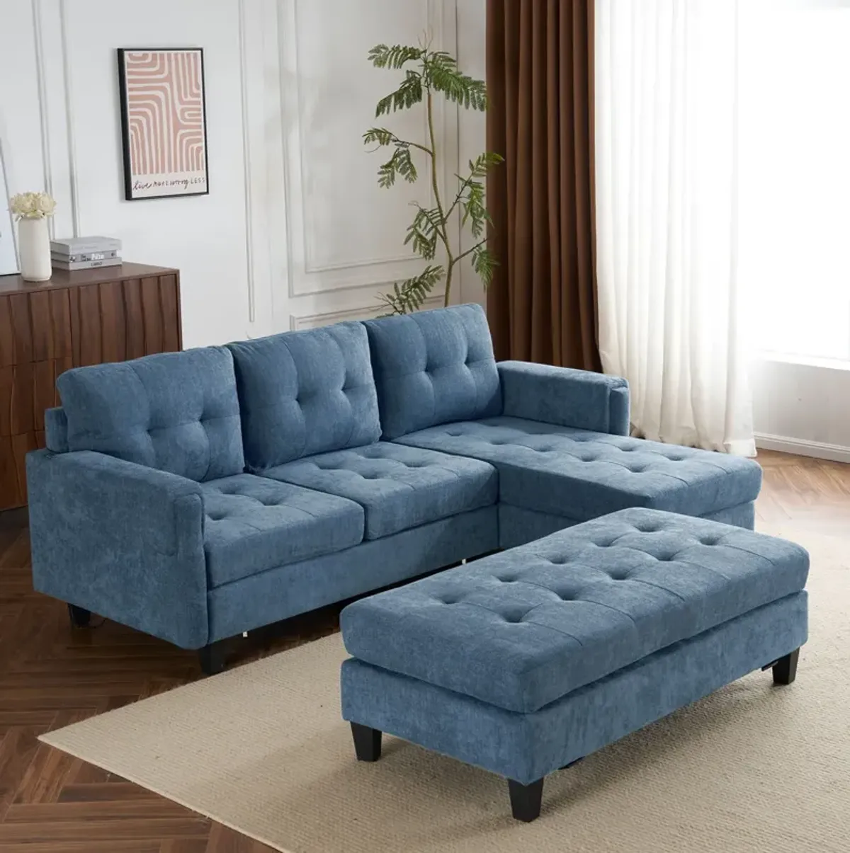 L Shaped Sofa Sectional Couch Sofa Bed With Two USB Ports, A Movable Ottoman And A Reversible Chaise Lounge For Living Room