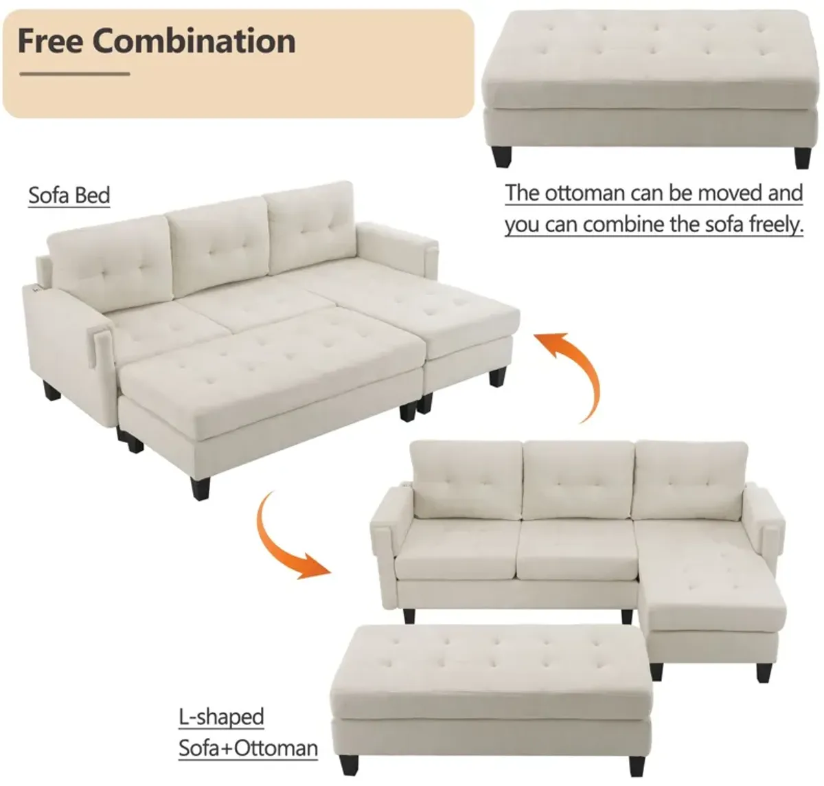 L Shaped Sofa Sectional Couch Sofa Bed With Two USB Ports, A Movable Ottoman And A Reversible Chaise Lounge For Living Room