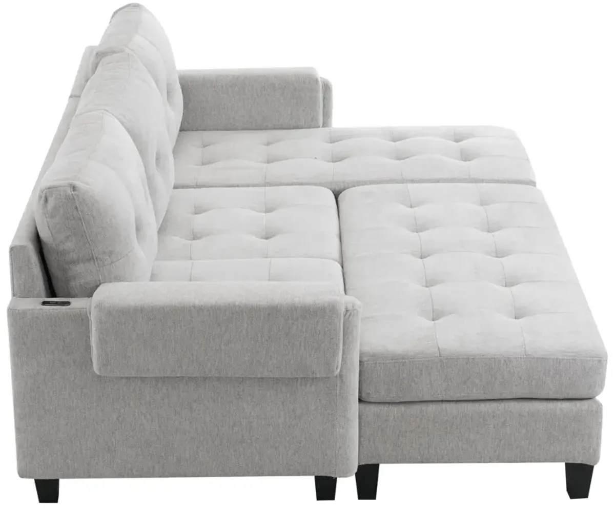 L Shaped Sofa Sectional Couch Sofa Bed With Two USB Ports, A Movable Ottoman And A Reversible Chaise Lounge For Living Room