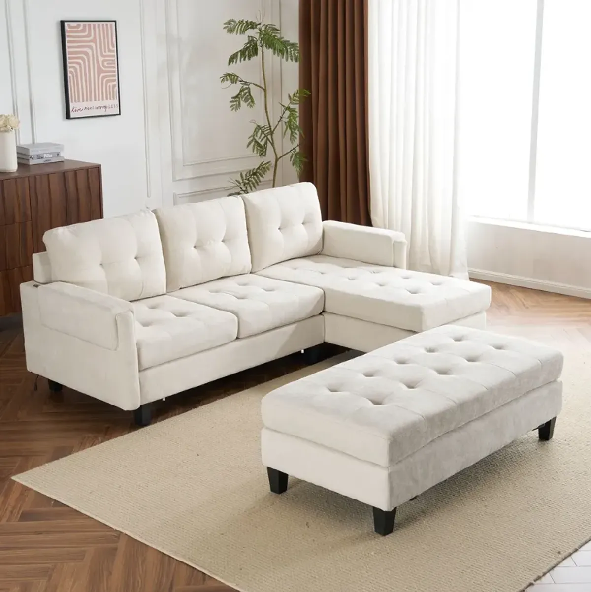 L Shaped Sofa Sectional Couch Sofa Bed With Two USB Ports, A Movable Ottoman And A Reversible Chaise Lounge For Living Room