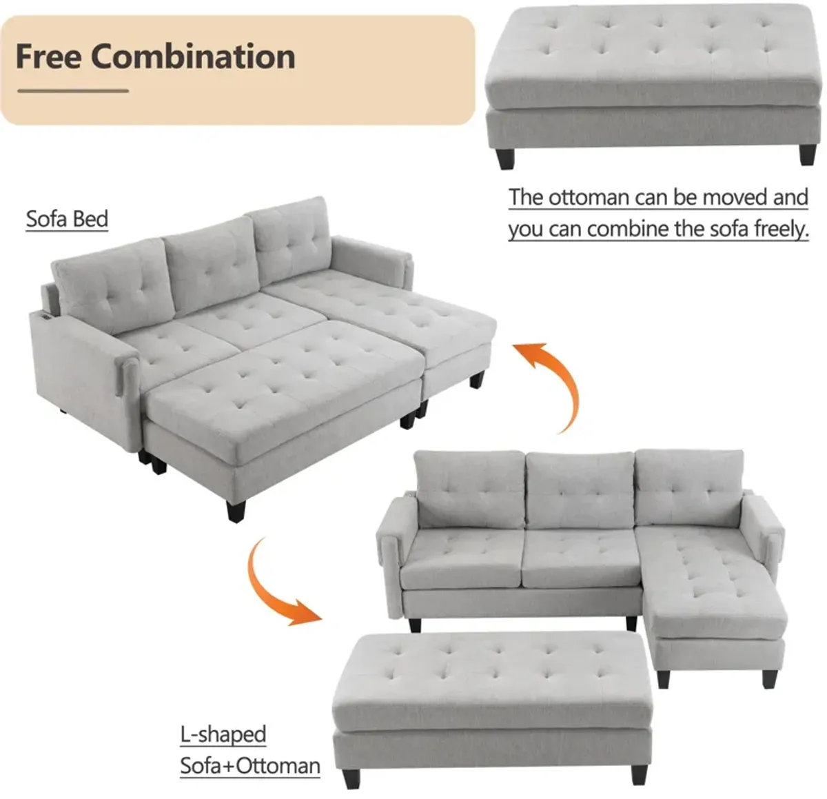 L Shaped Sofa Sectional Couch Sofa Bed With Two USB Ports, A Movable Ottoman And A Reversible Chaise Lounge For Living Room