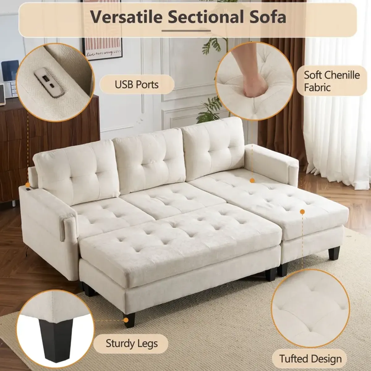 L Shaped Sofa Sectional Couch Sofa Bed With Two USB Ports, A Movable Ottoman And A Reversible Chaise Lounge For Living Room