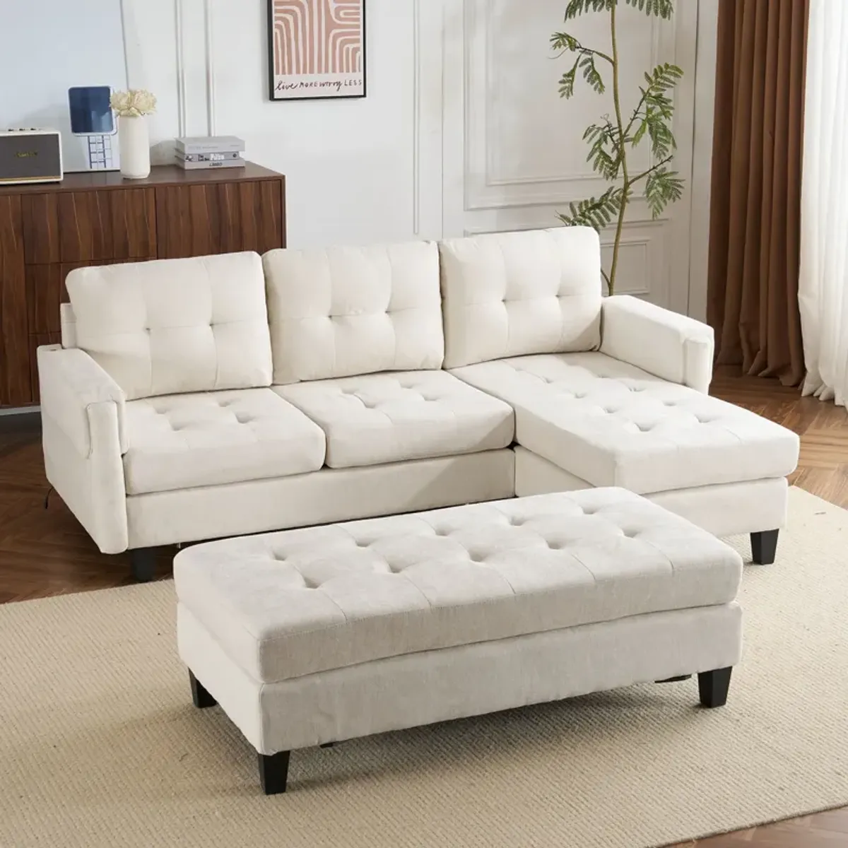 L Shaped Sofa Sectional Couch Sofa Bed With Two USB Ports, A Movable Ottoman And A Reversible Chaise Lounge For Living Room