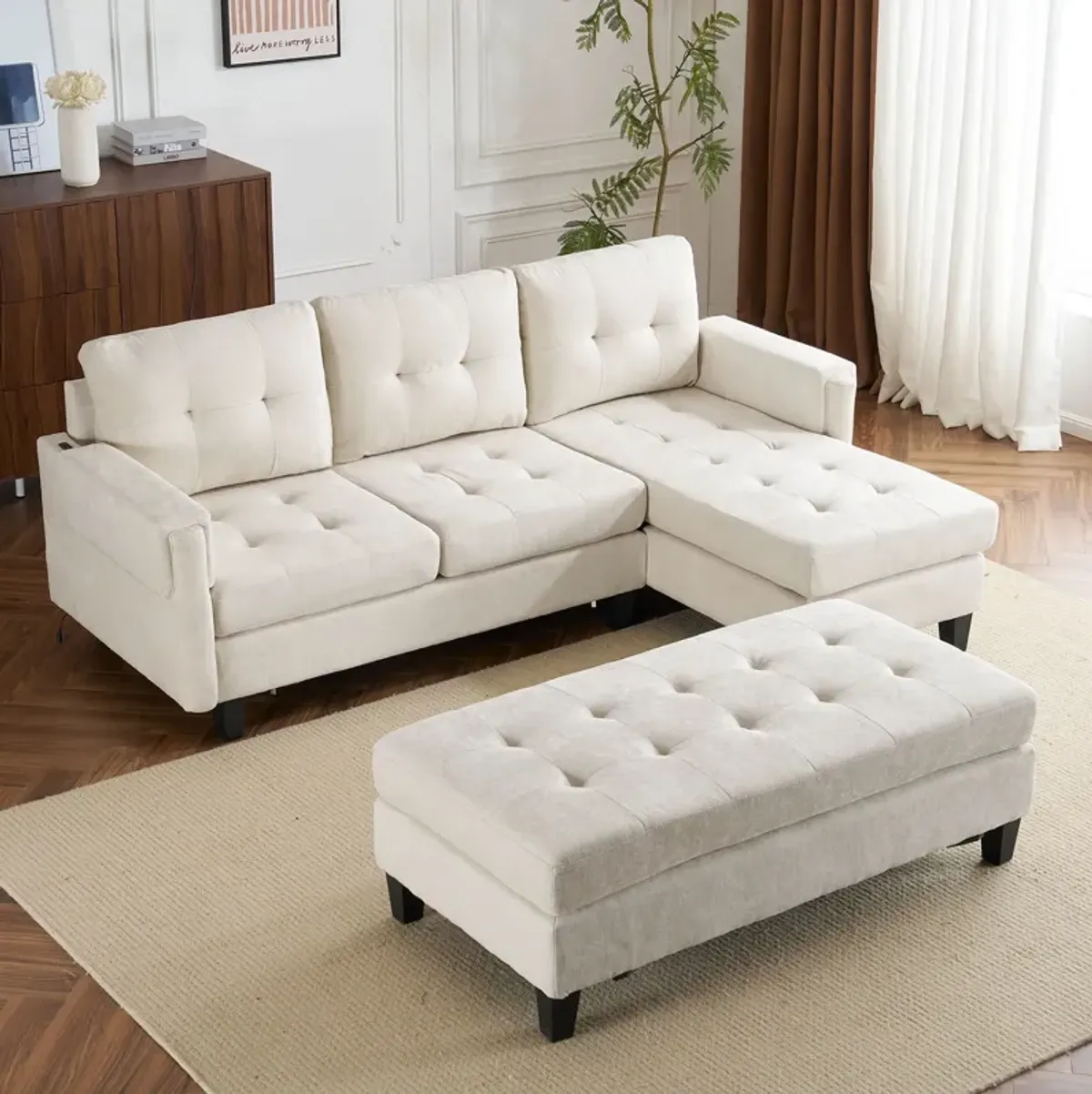 L Shaped Sofa Sectional Couch Sofa Bed With Two USB Ports, A Movable Ottoman And A Reversible Chaise Lounge For Living Room