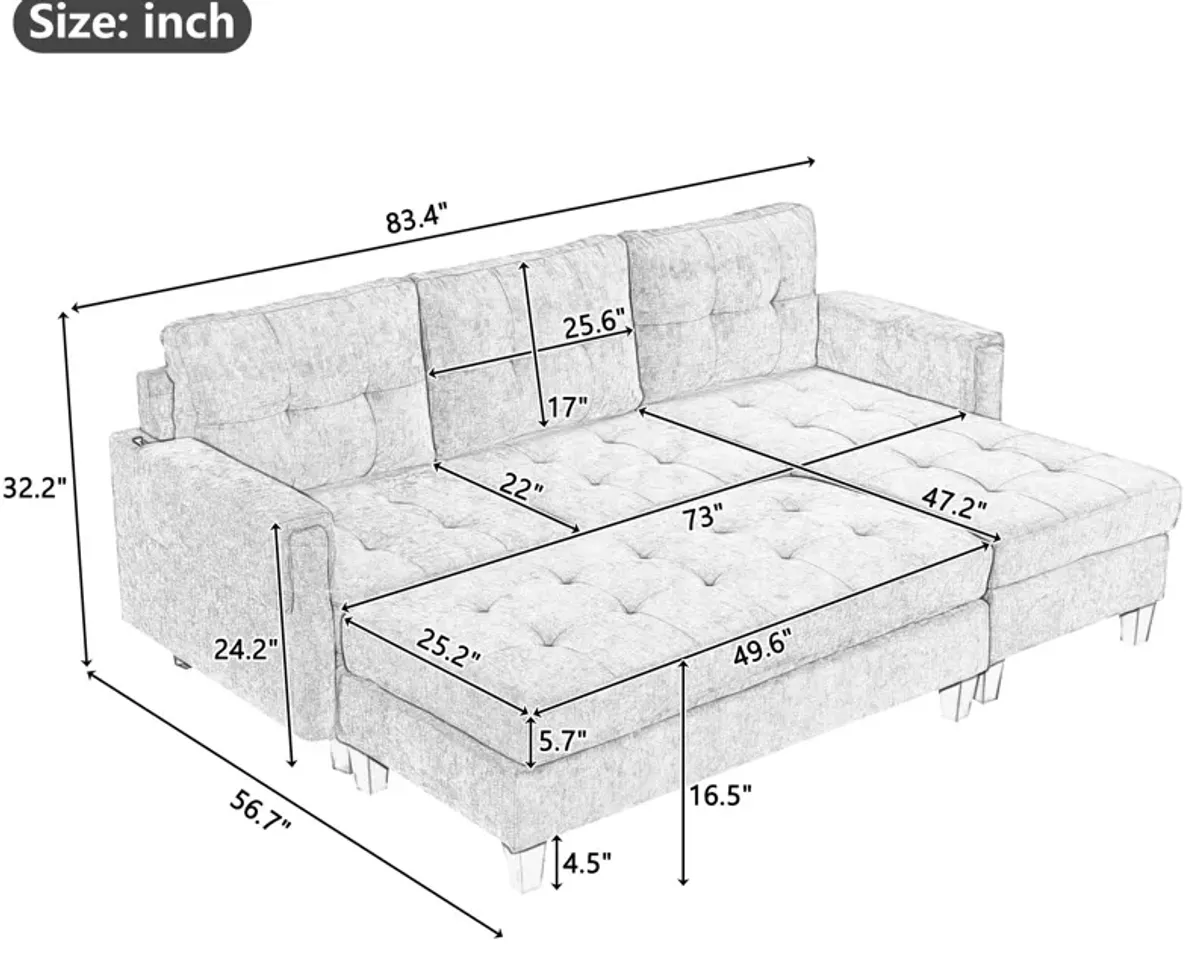 L Shaped Sofa Sectional Couch Sofa Bed With Two USB Ports, A Movable Ottoman And A Reversible Chaise Lounge For Living Room