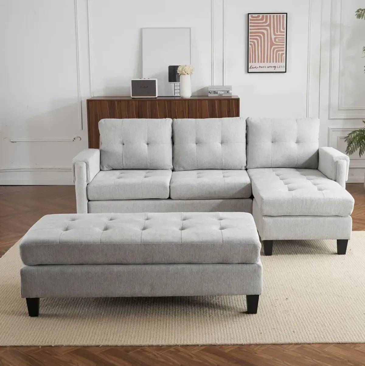 L Shaped Sofa Sectional Couch Sofa Bed With Two USB Ports, A Movable Ottoman And A Reversible Chaise Lounge For Living Room