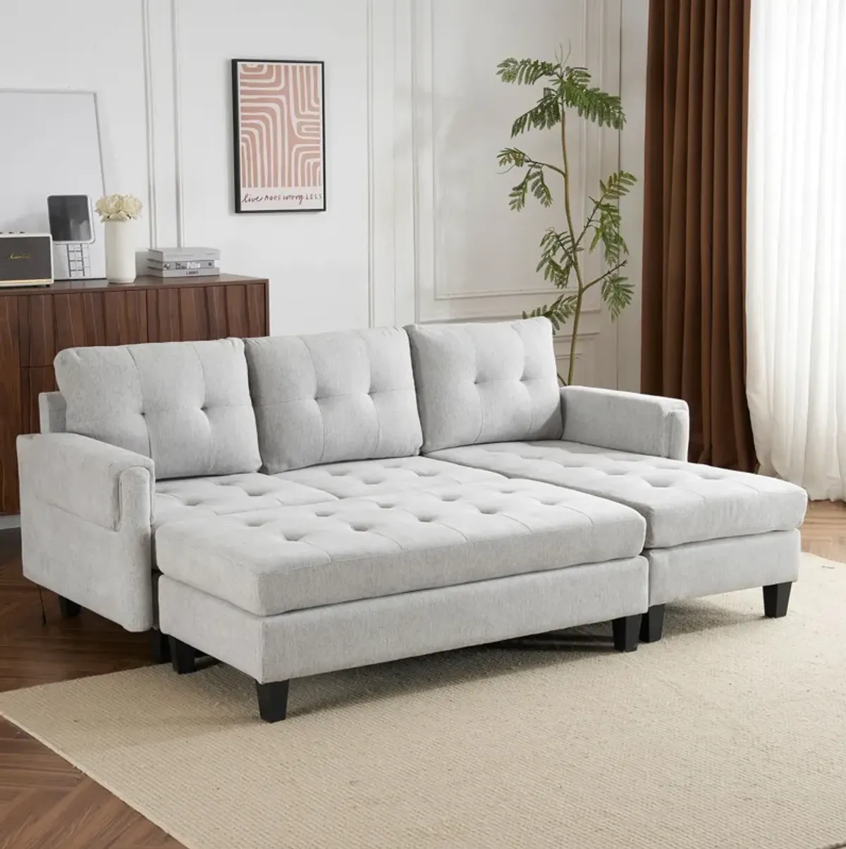 L Shaped Sofa Sectional Couch Sofa Bed With Two USB Ports, A Movable Ottoman And A Reversible Chaise Lounge For Living Room