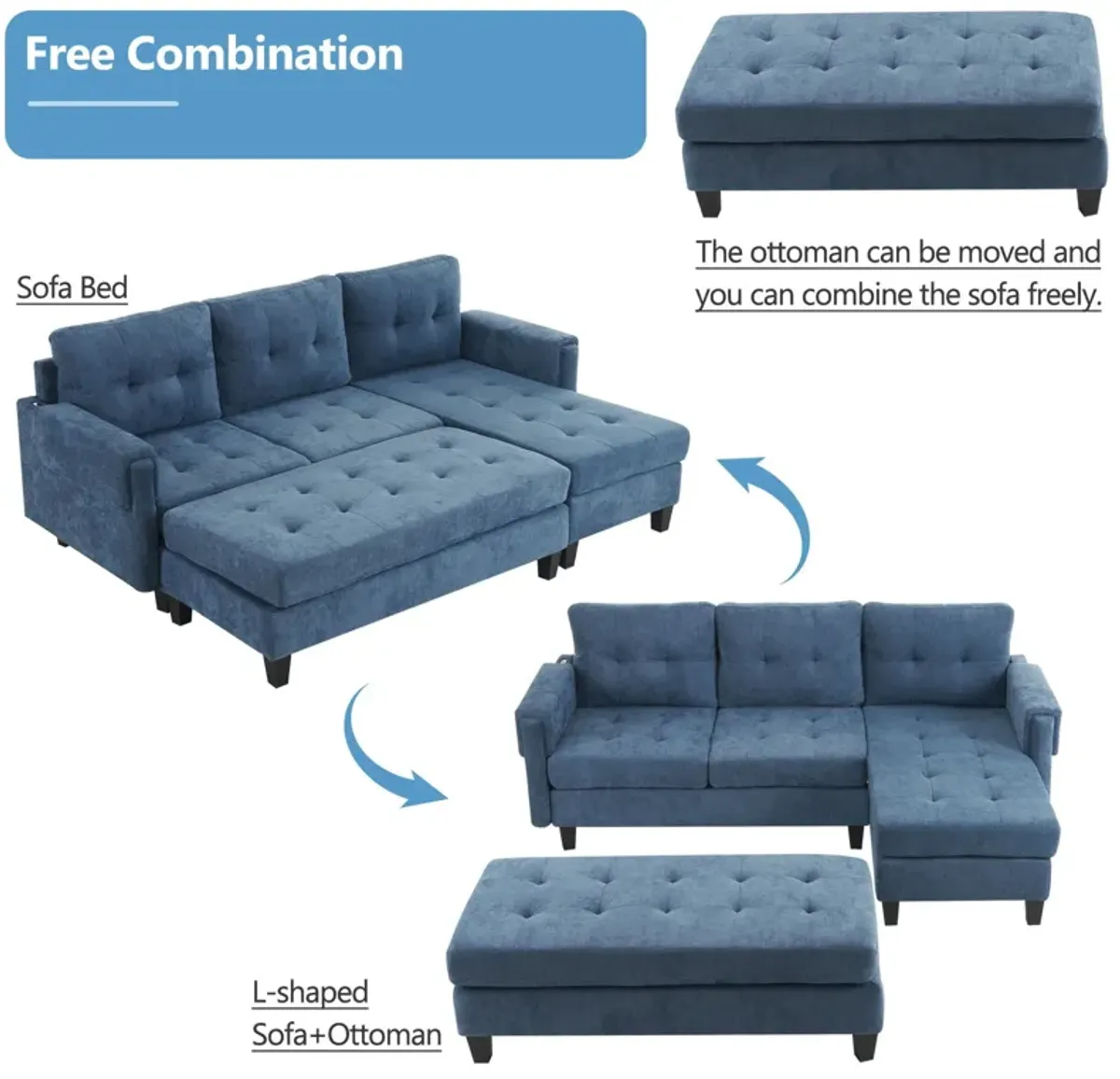 L Shaped Sofa Sectional Couch Sofa Bed With Two USB Ports, A Movable Ottoman And A Reversible Chaise Lounge For Living Room