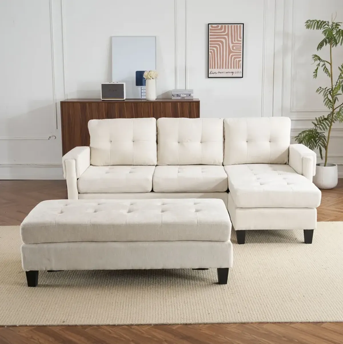 L Shaped Sofa Sectional Couch Sofa Bed With Two USB Ports, A Movable Ottoman And A Reversible Chaise Lounge For Living Room