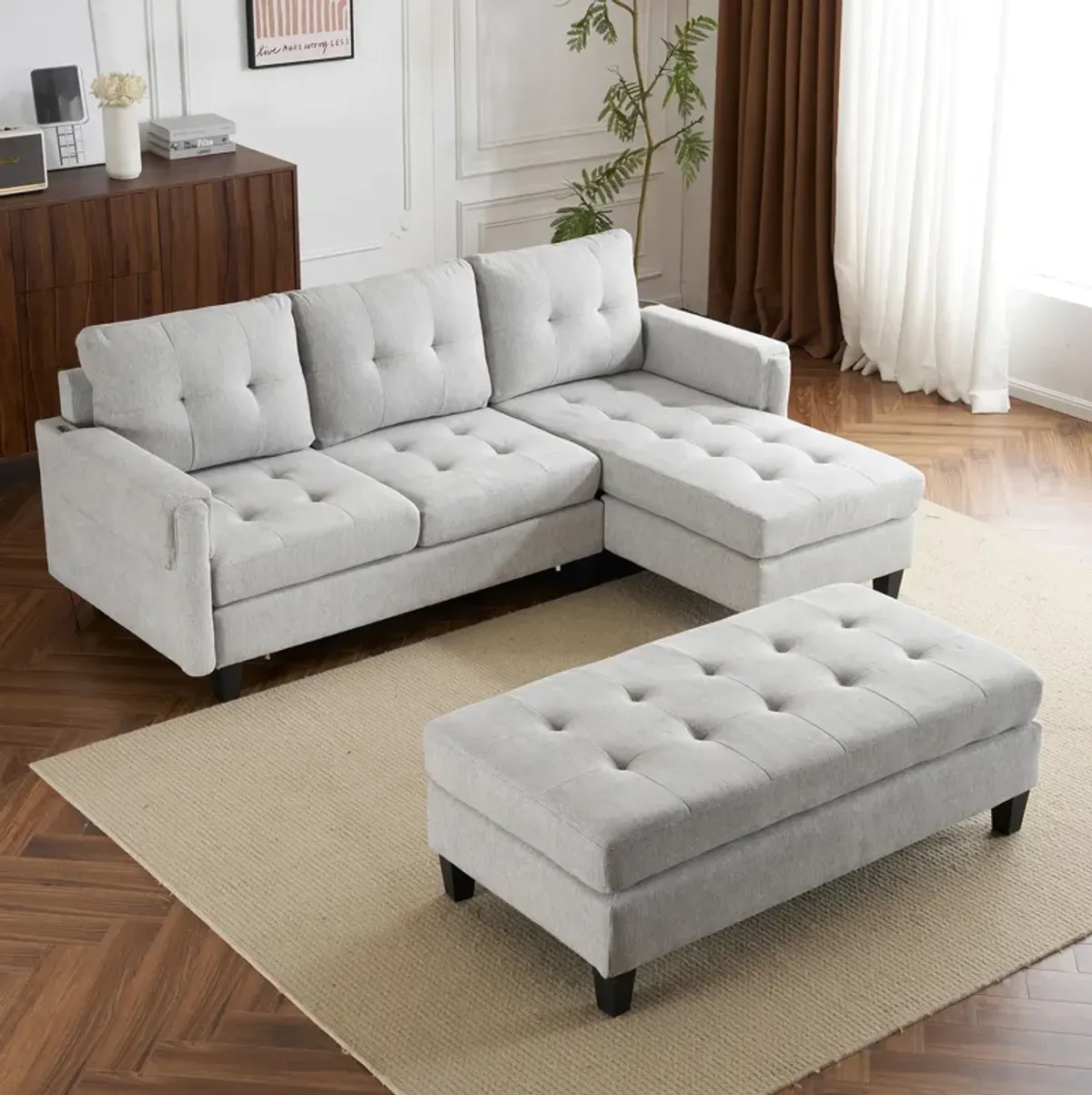 L Shaped Sofa Sectional Couch Sofa Bed With Two USB Ports, A Movable Ottoman And A Reversible Chaise Lounge For Living Room