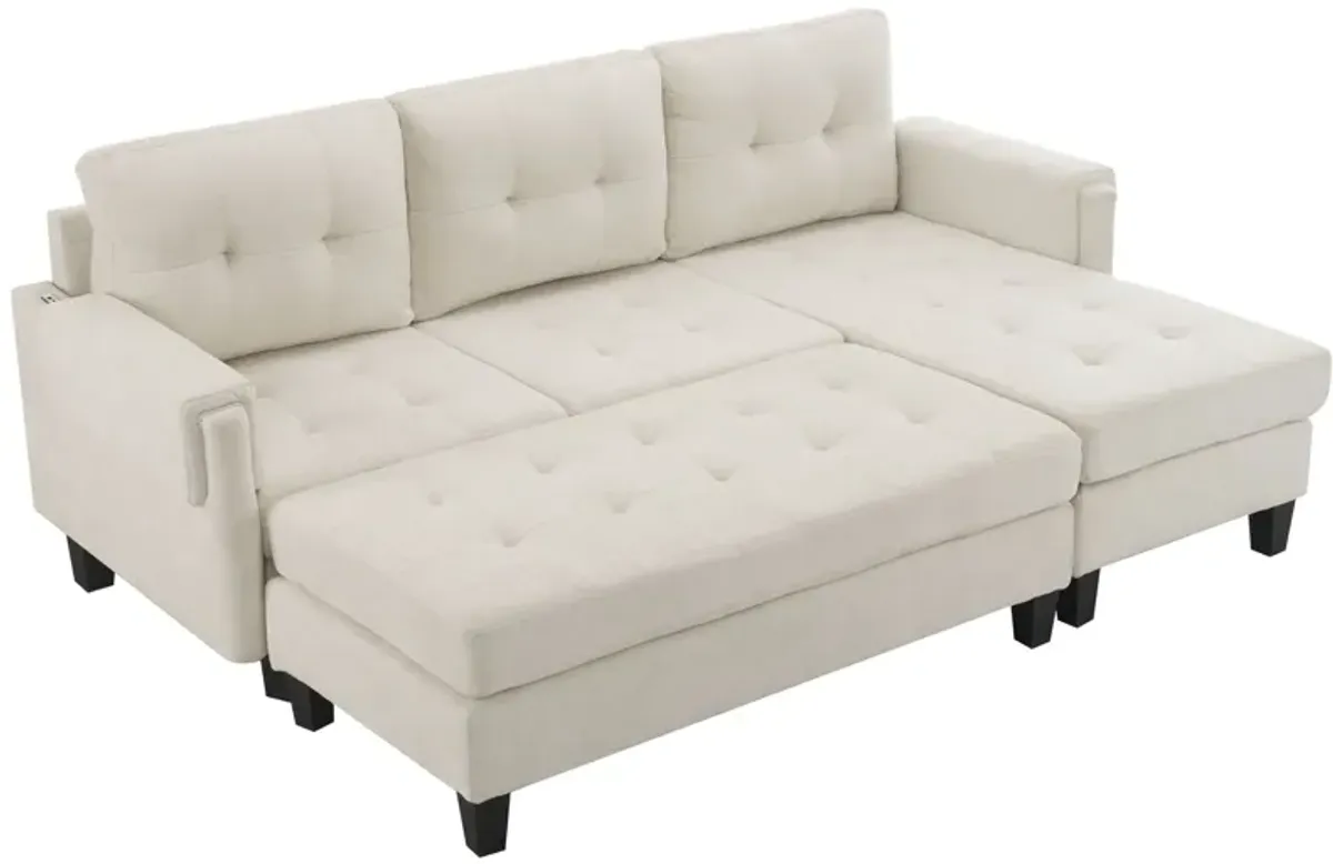 L Shaped Sofa Sectional Couch Sofa Bed With Two USB Ports, A Movable Ottoman And A Reversible Chaise Lounge For Living Room