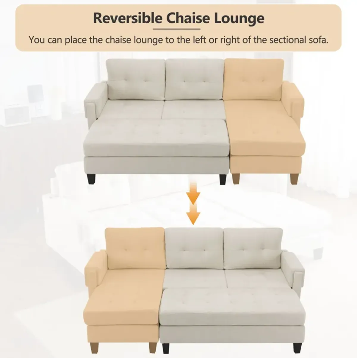 L Shaped Sofa Sectional Couch Sofa Bed With Two USB Ports, A Movable Ottoman And A Reversible Chaise Lounge For Living Room