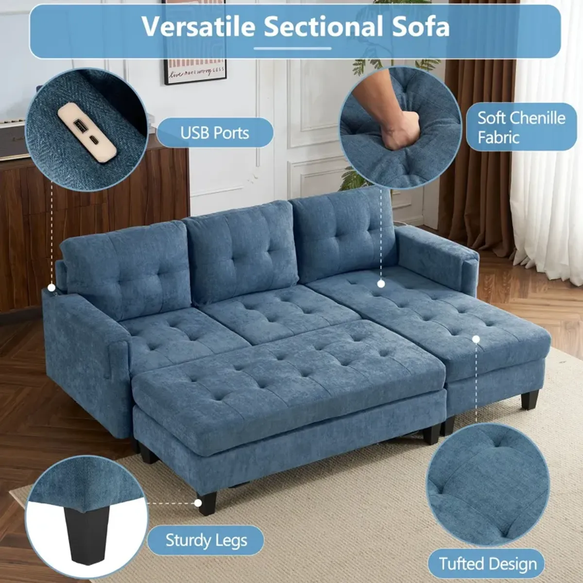 L Shaped Sofa Sectional Couch Sofa Bed With Two USB Ports, A Movable Ottoman And A Reversible Chaise Lounge For Living Room