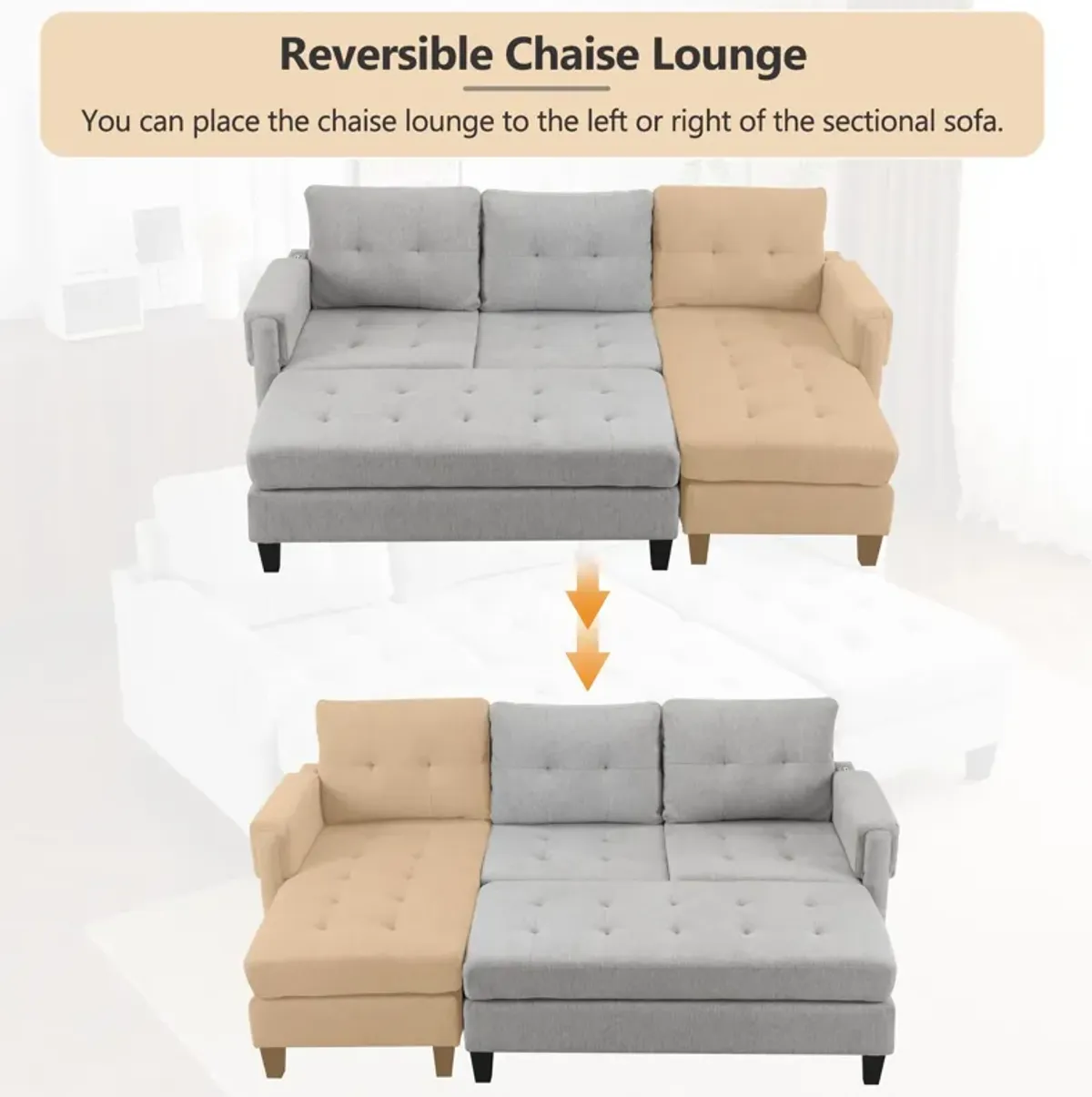 L Shaped Sofa Sectional Couch Sofa Bed With Two USB Ports, A Movable Ottoman And A Reversible Chaise Lounge For Living Room