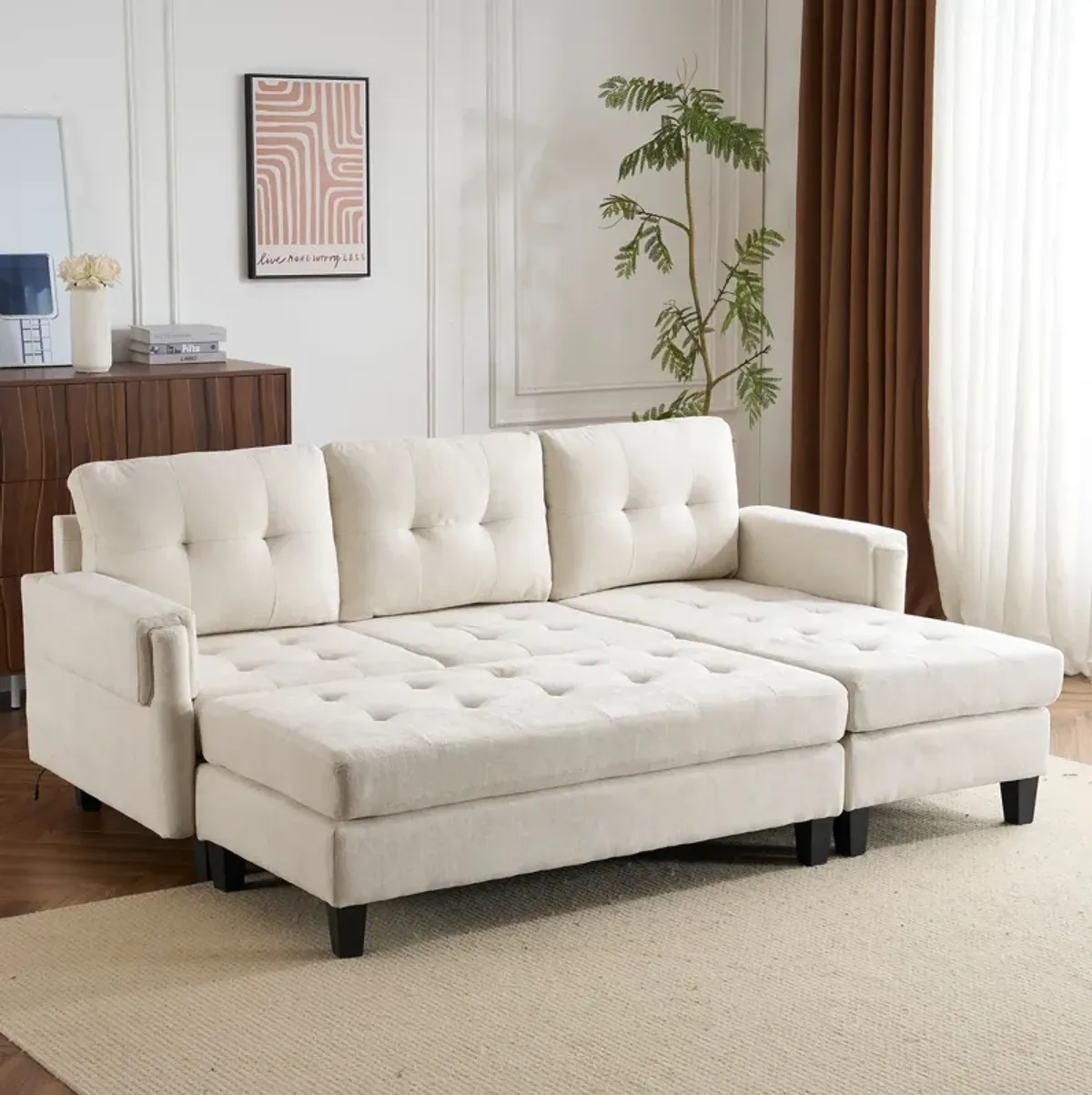 L Shaped Sofa Sectional Couch Sofa Bed With Two USB Ports, A Movable Ottoman And A Reversible Chaise Lounge For Living Room