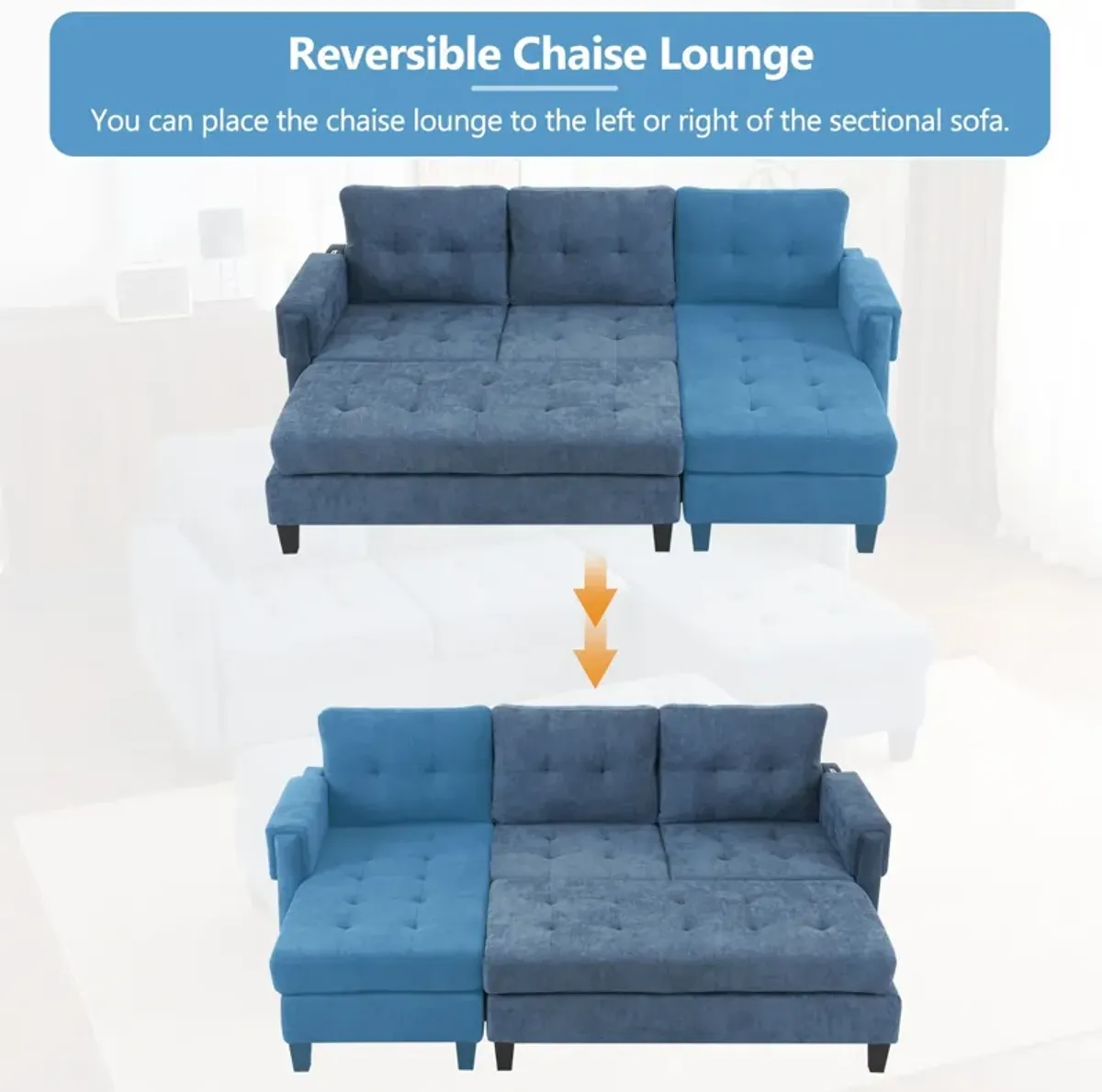 L Shaped Sofa Sectional Couch Sofa Bed With Two USB Ports, A Movable Ottoman And A Reversible Chaise Lounge For Living Room