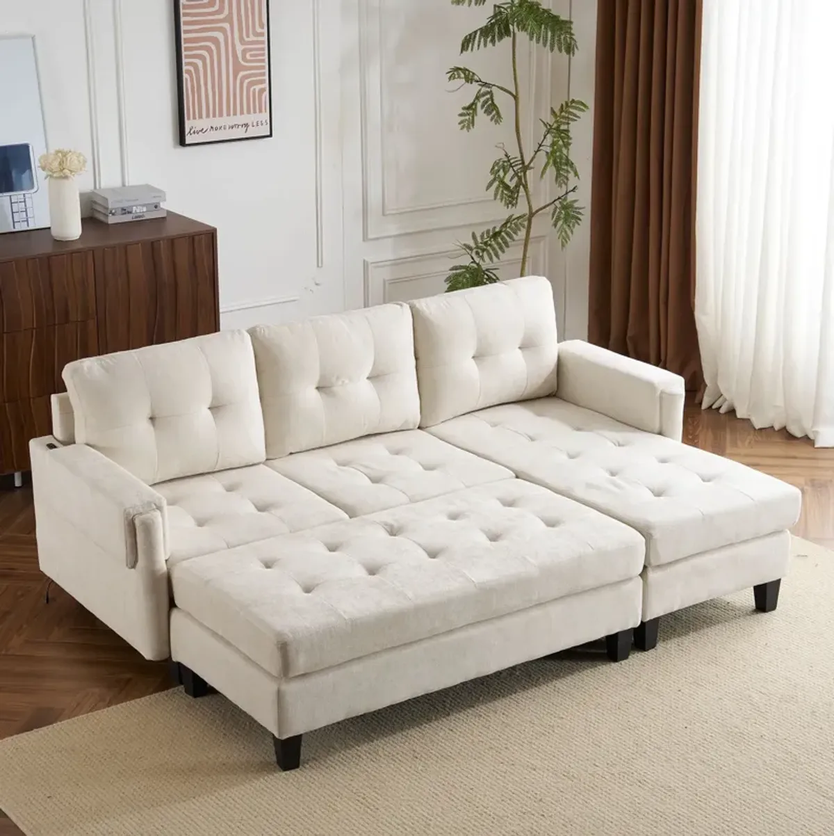 L Shaped Sofa Sectional Couch Sofa Bed With Two USB Ports, A Movable Ottoman And A Reversible Chaise Lounge For Living Room