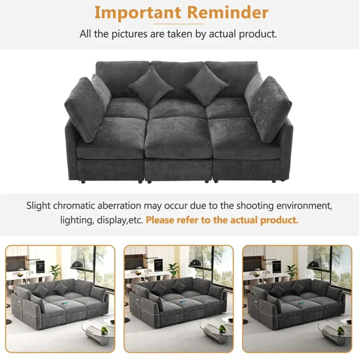 Sectional Sofa Modular Sofa U - Shaped Sofa Couch Sofa Bed L - Shaped Sofa With A Movable Ottoman And Two USB Ports For Living Room