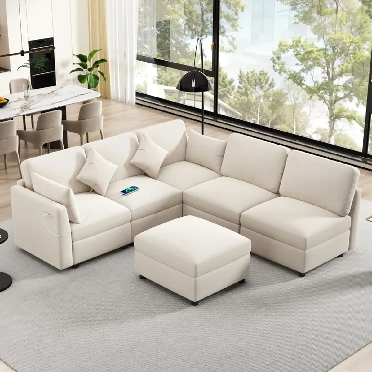 Sectional Sofa Modular Sofa U - Shaped Sofa Couch Sofa Bed L - Shaped Sofa With A Movable Ottoman And Two USB Ports For Living Room