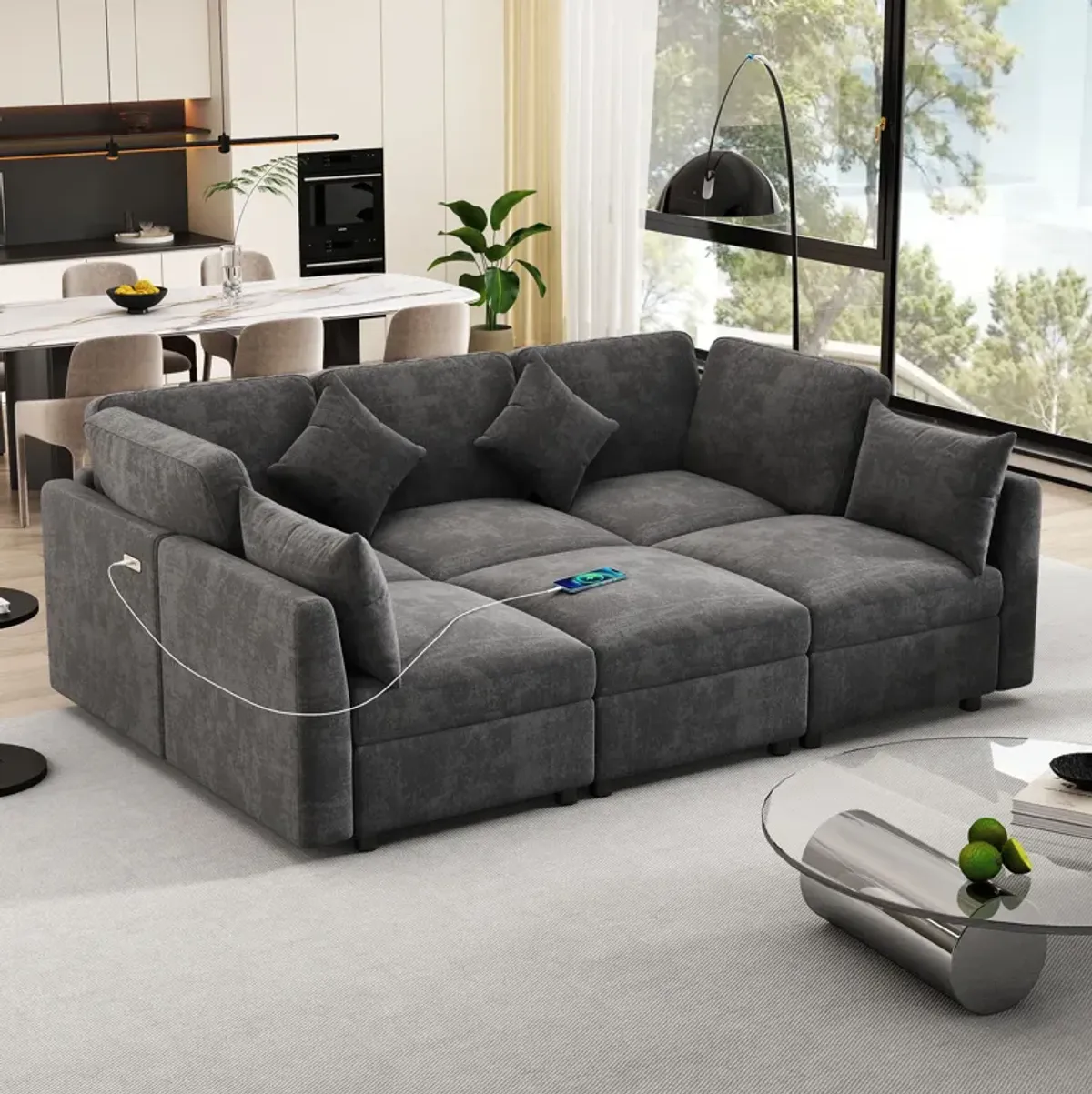 Sectional Sofa Modular Sofa U - Shaped Sofa Couch Sofa Bed L - Shaped Sofa With A Movable Ottoman And Two USB Ports For Living Room