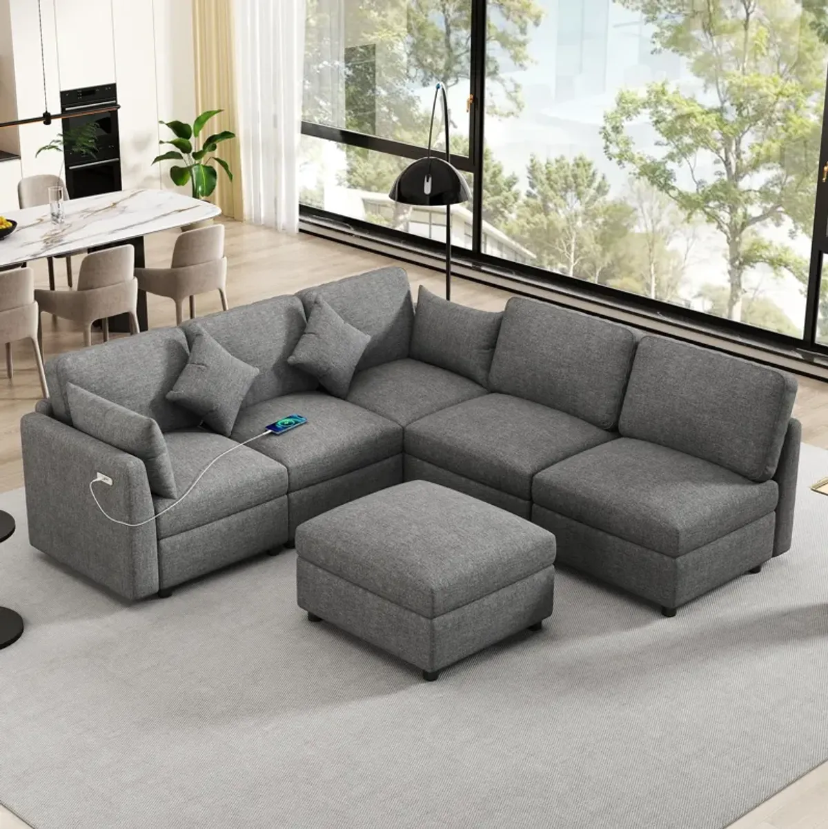 Sectional Sofa Modular Sofa U - Shaped Sofa Couch Sofa Bed L - Shaped Sofa With A Movable Ottoman And Two USB Ports For Living Room