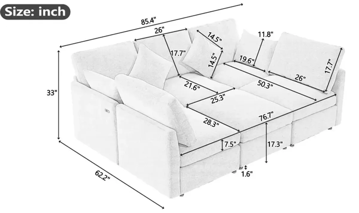 Sectional Sofa Modular Sofa U - Shaped Sofa Couch Sofa Bed L - Shaped Sofa With A Movable Ottoman And Two USB Ports For Living Room