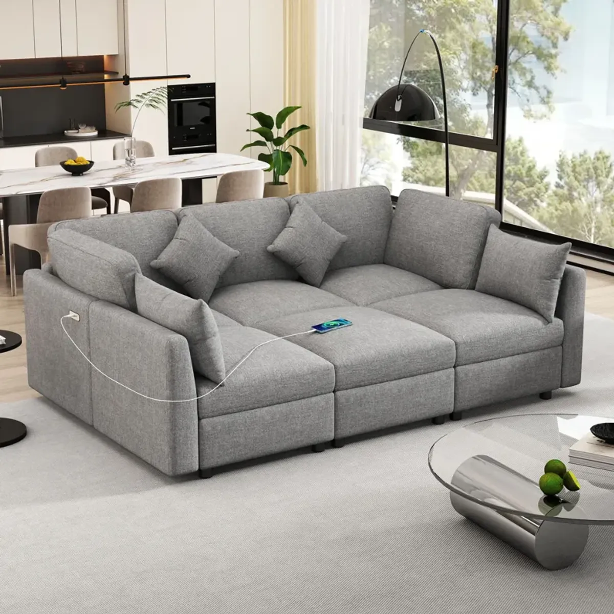 Sectional Sofa Modular Sofa U - Shaped Sofa Couch Sofa Bed L - Shaped Sofa With A Movable Ottoman And Two USB Ports For Living Room