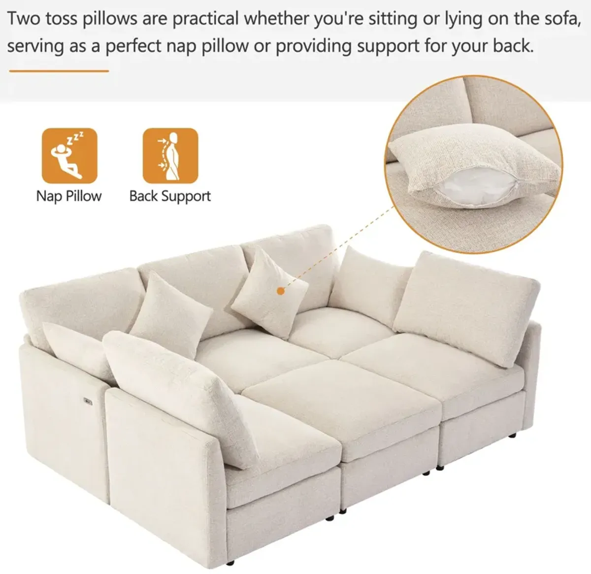 Sectional Sofa Modular Sofa U - Shaped Sofa Couch Sofa Bed L - Shaped Sofa With A Movable Ottoman And Two USB Ports For Living Room