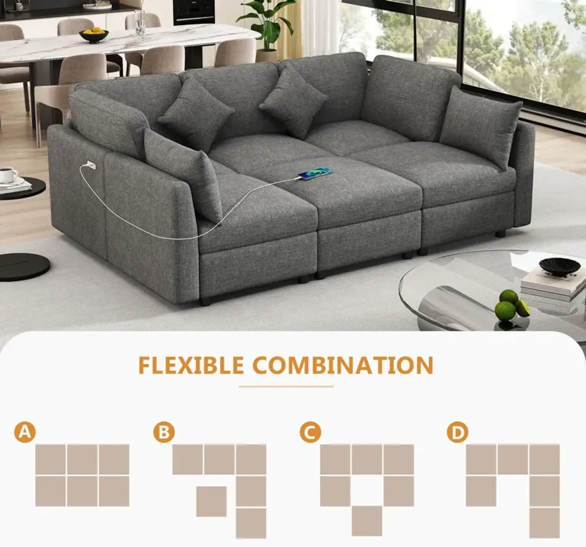 Sectional Sofa Modular Sofa U - Shaped Sofa Couch Sofa Bed L - Shaped Sofa With A Movable Ottoman And Two USB Ports For Living Room