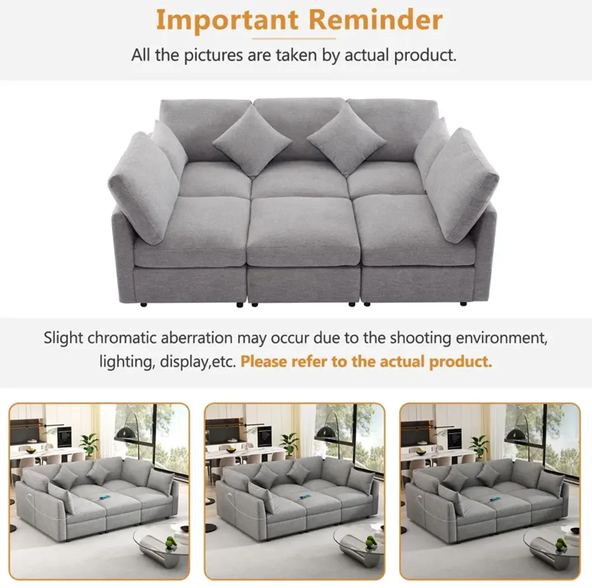 Sectional Sofa Modular Sofa U - Shaped Sofa Couch Sofa Bed L - Shaped Sofa With A Movable Ottoman And Two USB Ports For Living Room