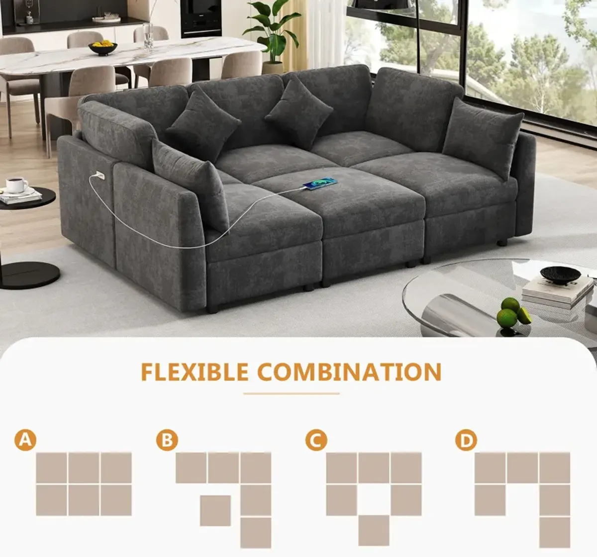 Sectional Sofa Modular Sofa U - Shaped Sofa Couch Sofa Bed L - Shaped Sofa With A Movable Ottoman And Two USB Ports For Living Room