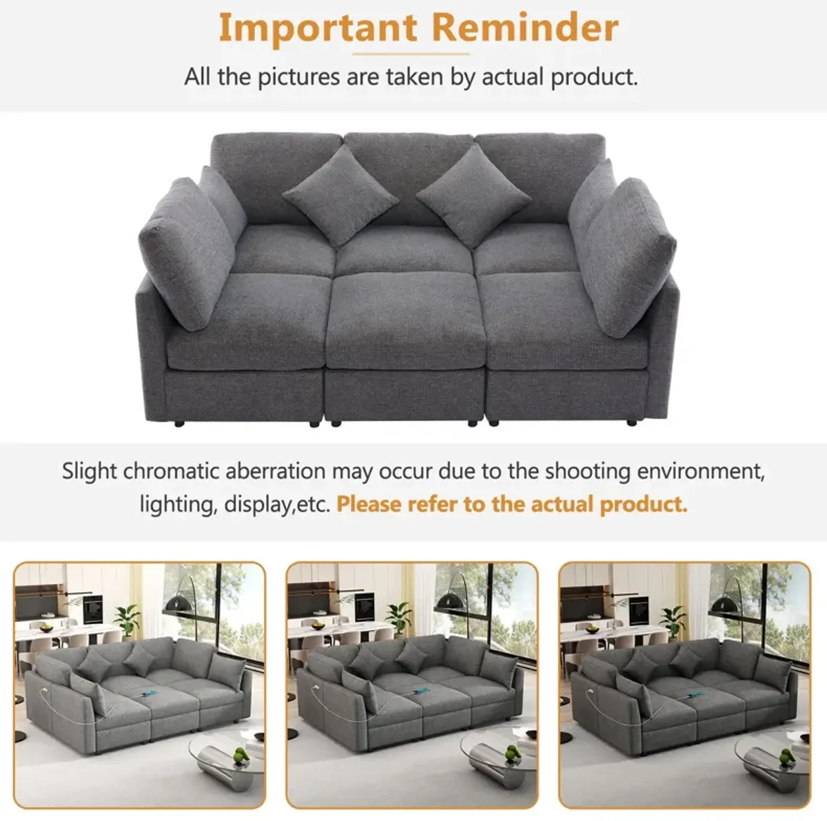 Sectional Sofa Modular Sofa U - Shaped Sofa Couch Sofa Bed L - Shaped Sofa With A Movable Ottoman And Two USB Ports For Living Room