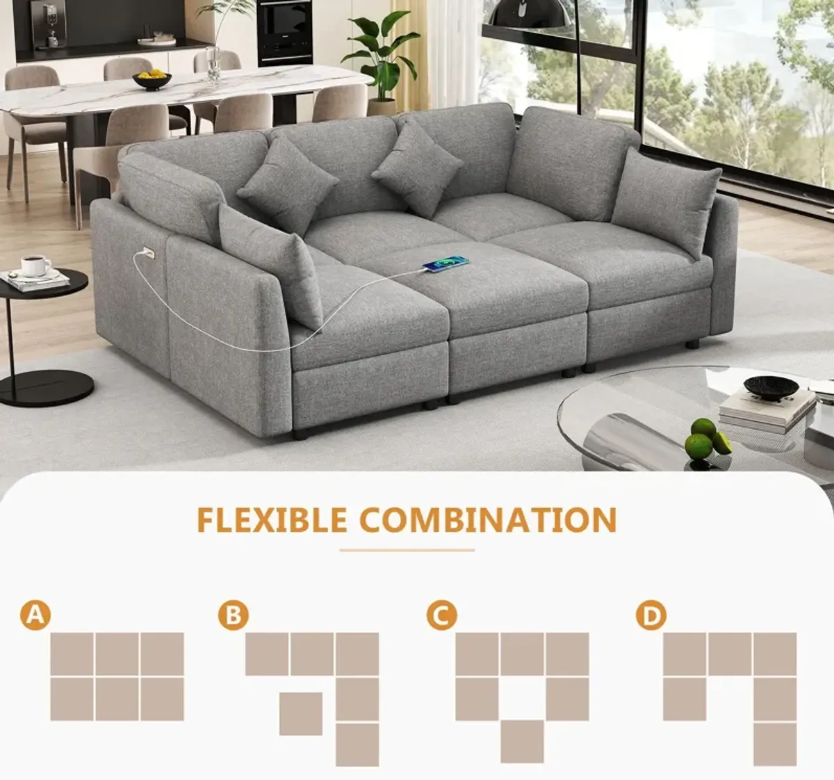 Sectional Sofa Modular Sofa U - Shaped Sofa Couch Sofa Bed L - Shaped Sofa With A Movable Ottoman And Two USB Ports For Living Room