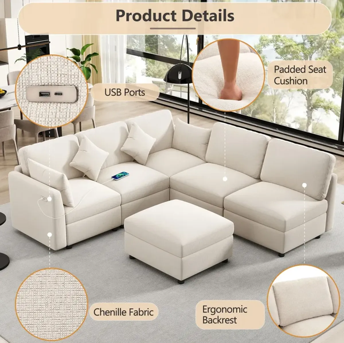 Sectional Sofa Modular Sofa U - Shaped Sofa Couch Sofa Bed L - Shaped Sofa With A Movable Ottoman And Two USB Ports For Living Room