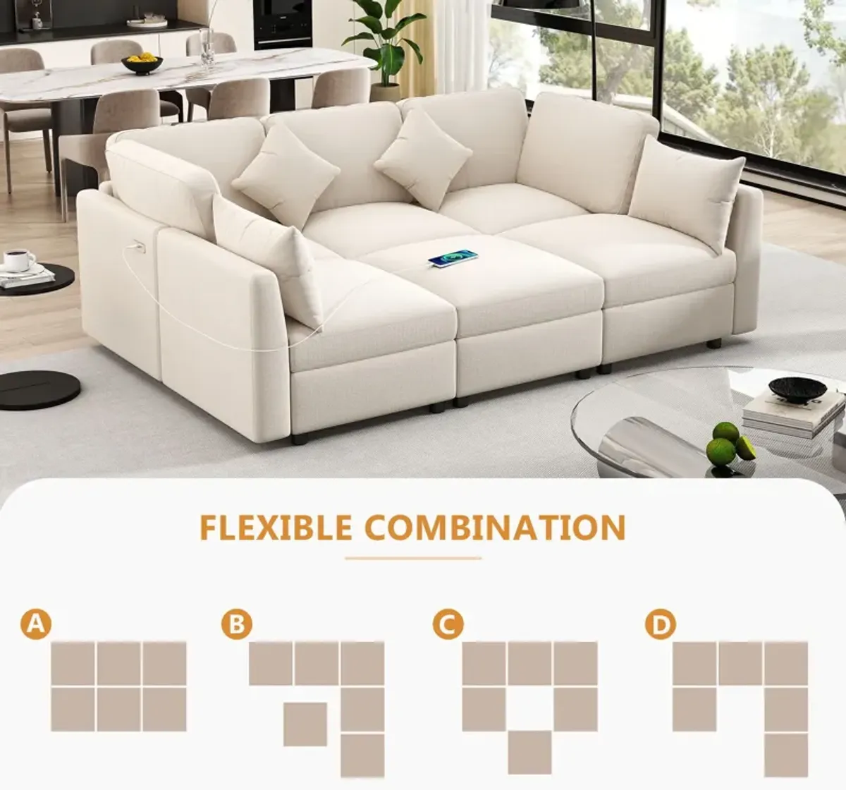 Sectional Sofa Modular Sofa U - Shaped Sofa Couch Sofa Bed L - Shaped Sofa With A Movable Ottoman And Two USB Ports For Living Room