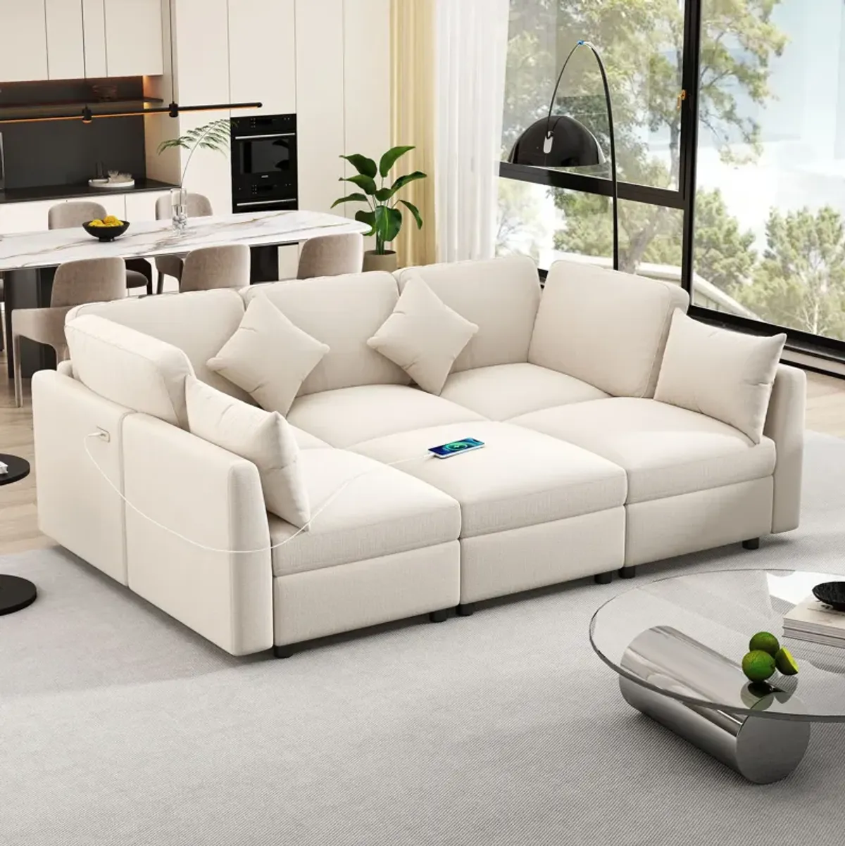 Sectional Sofa Modular Sofa U - Shaped Sofa Couch Sofa Bed L - Shaped Sofa With A Movable Ottoman And Two USB Ports For Living Room