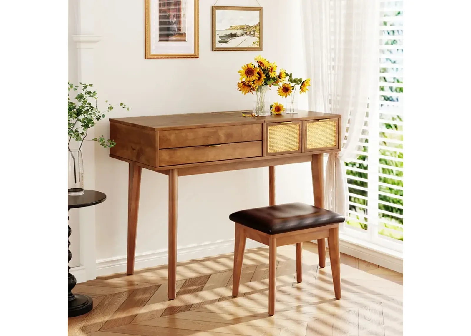 Classic Wood Makeup Vanity Set With Flip-Top Mirror And Stool, Dressing Table With Three Drawers And Storage Space