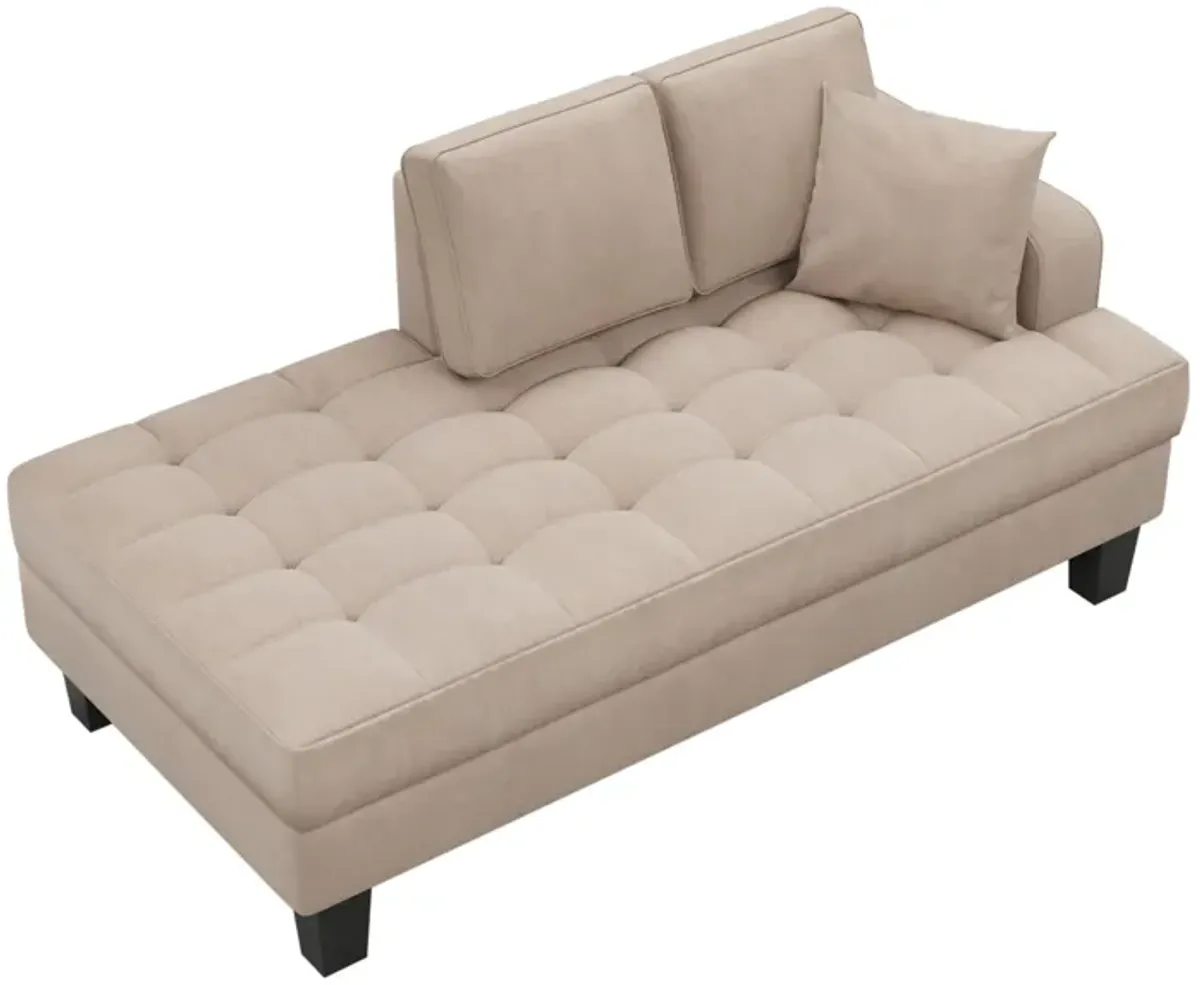 Deep Tufted Upholstered Textured Fabric Chaise Lounge, Toss Pillow Included, Living Room Bedroom Use - Warm Gray