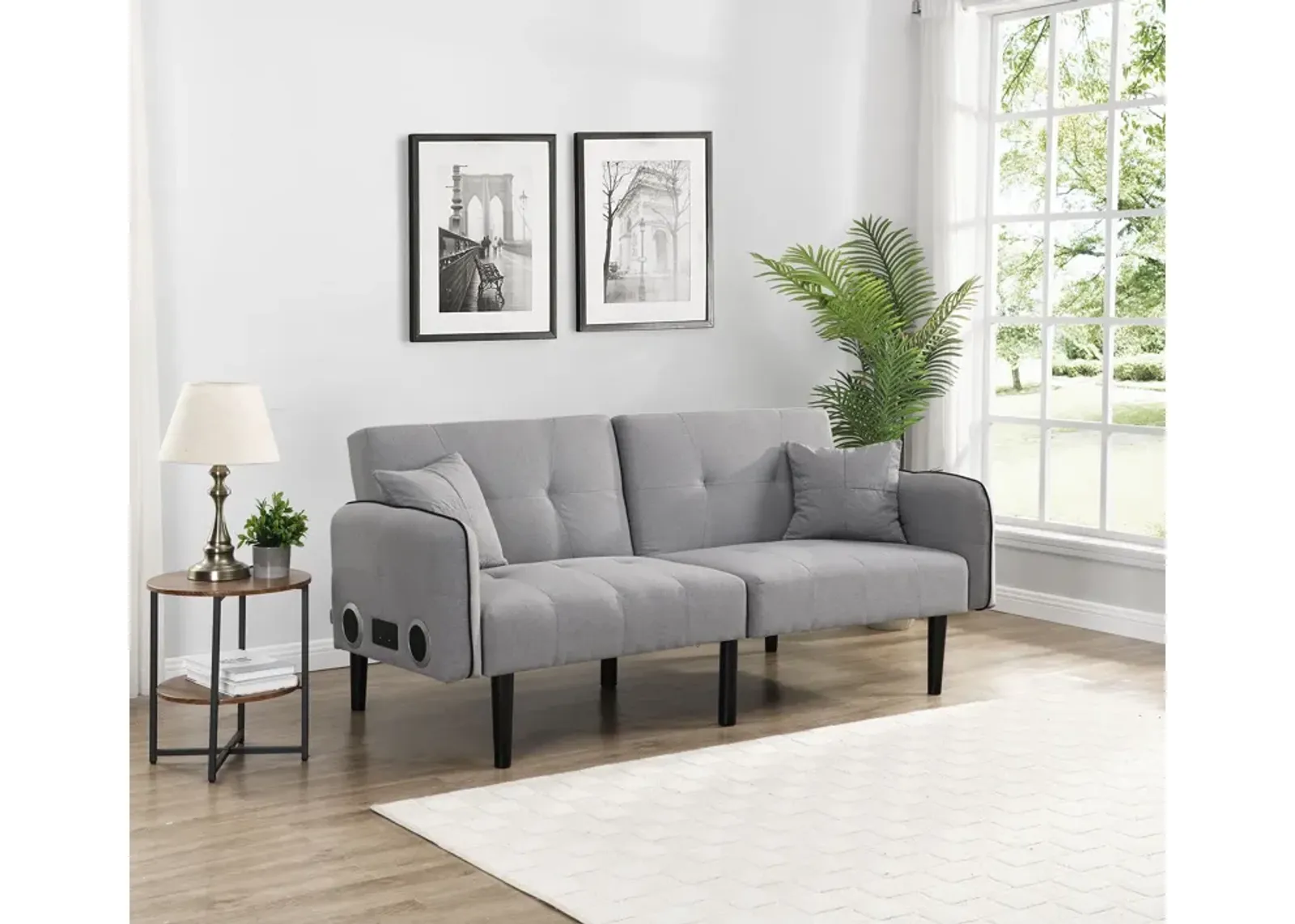 Folding Ottoman Sofa Bed With Stereo - Gray Fabric