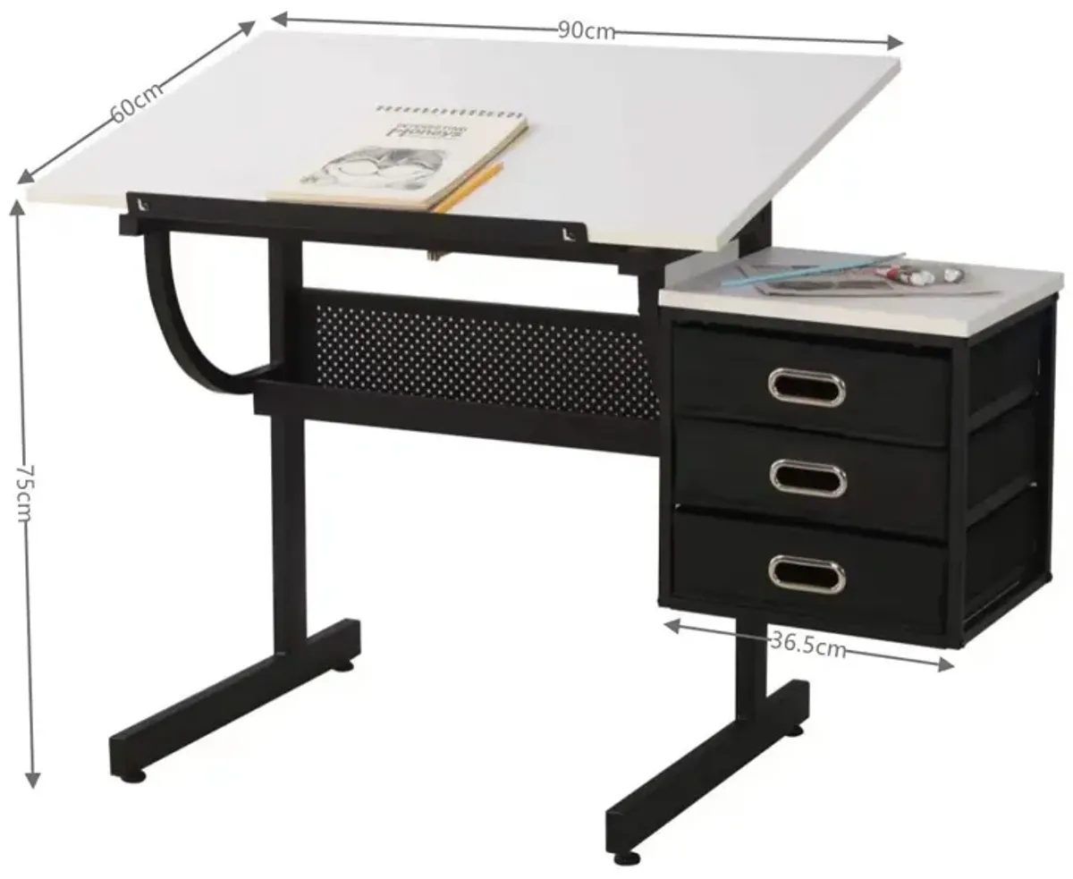 Adjustable Drafting Drawing Table With Stool And 3 Drawers - White / Black