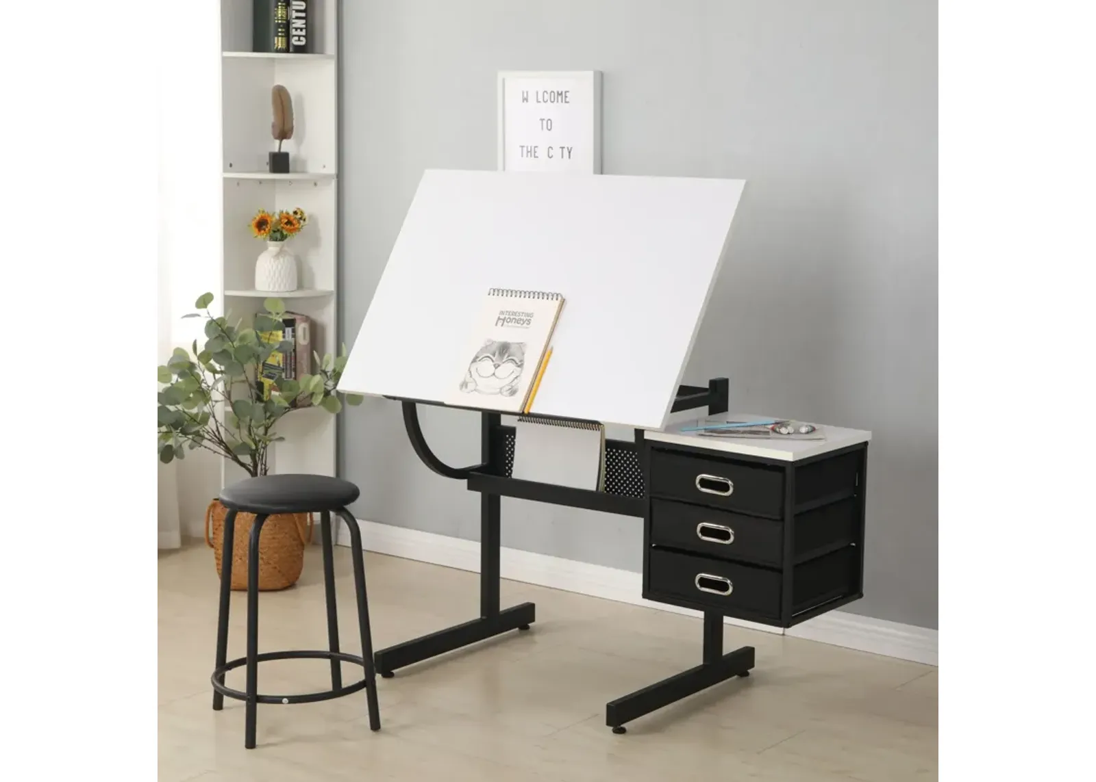 Adjustable Drafting Drawing Table With Stool And 3 Drawers - White / Black