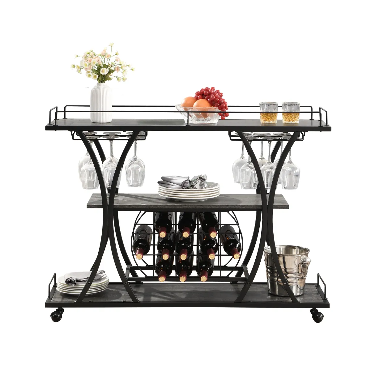 Industrial Bar Cart Kitchen Bar & Serving Cart For Home With Wheels 3 Tier Storage Shelves - Black / Gray