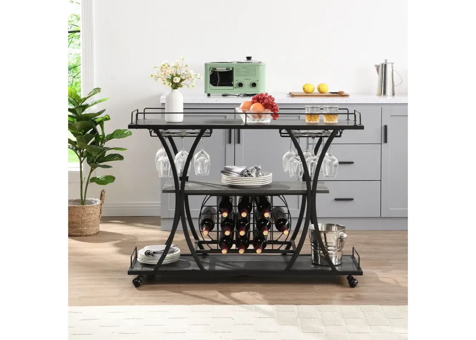 Industrial Bar Cart Kitchen Bar & Serving Cart For Home With Wheels 3 Tier Storage Shelves - Black / Gray