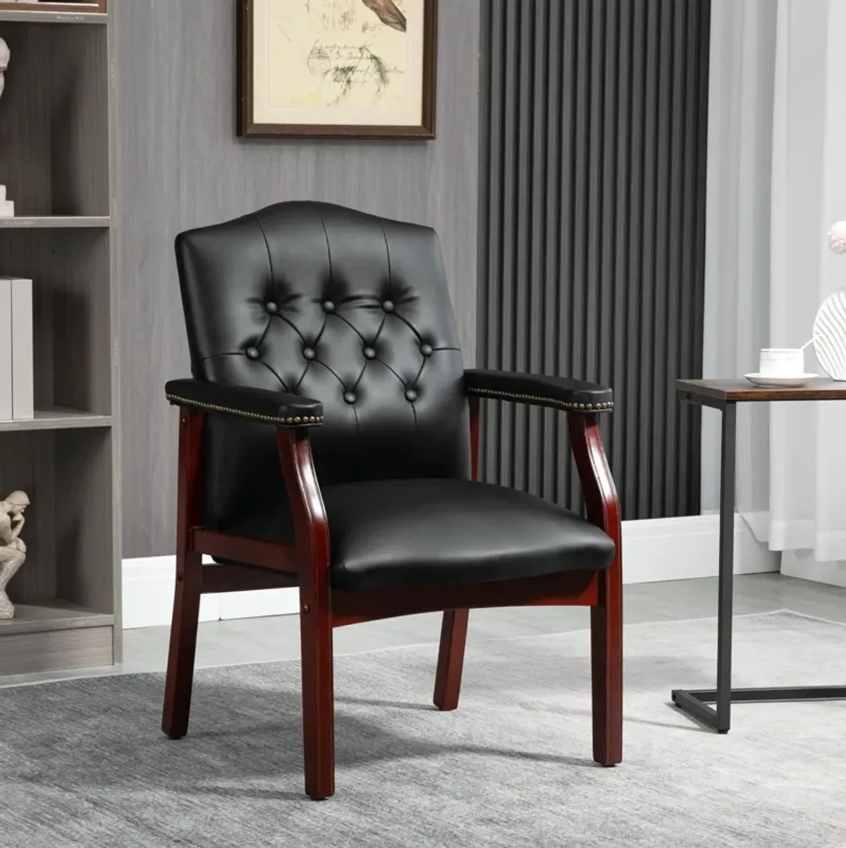 Leather Reception Guest Chairs With Padded Seat And Arms Ergonomic Mid-Back Office Executive Side Chair For Meeting Waiting Room Conference Office Guest Chairs - Black