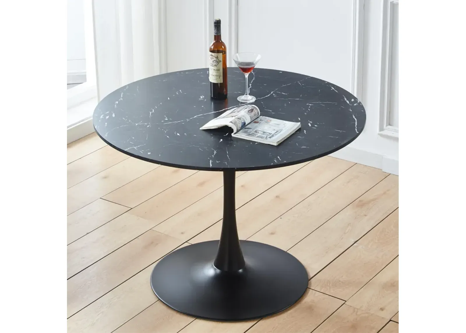 42.1" Tulip Table Mid-Century Dining Table For 4-6 People With Round MDF Table Top, Pedestal Dining Table, End Table Leisure Coffee Table - Black