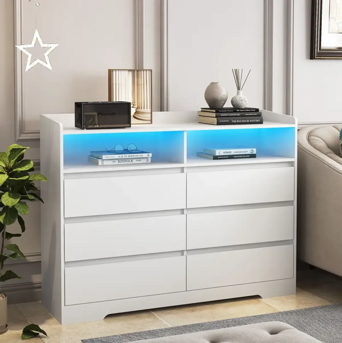 6 Drawer Dresser For Bedroom With LED Lights, Sturdy Frame - White