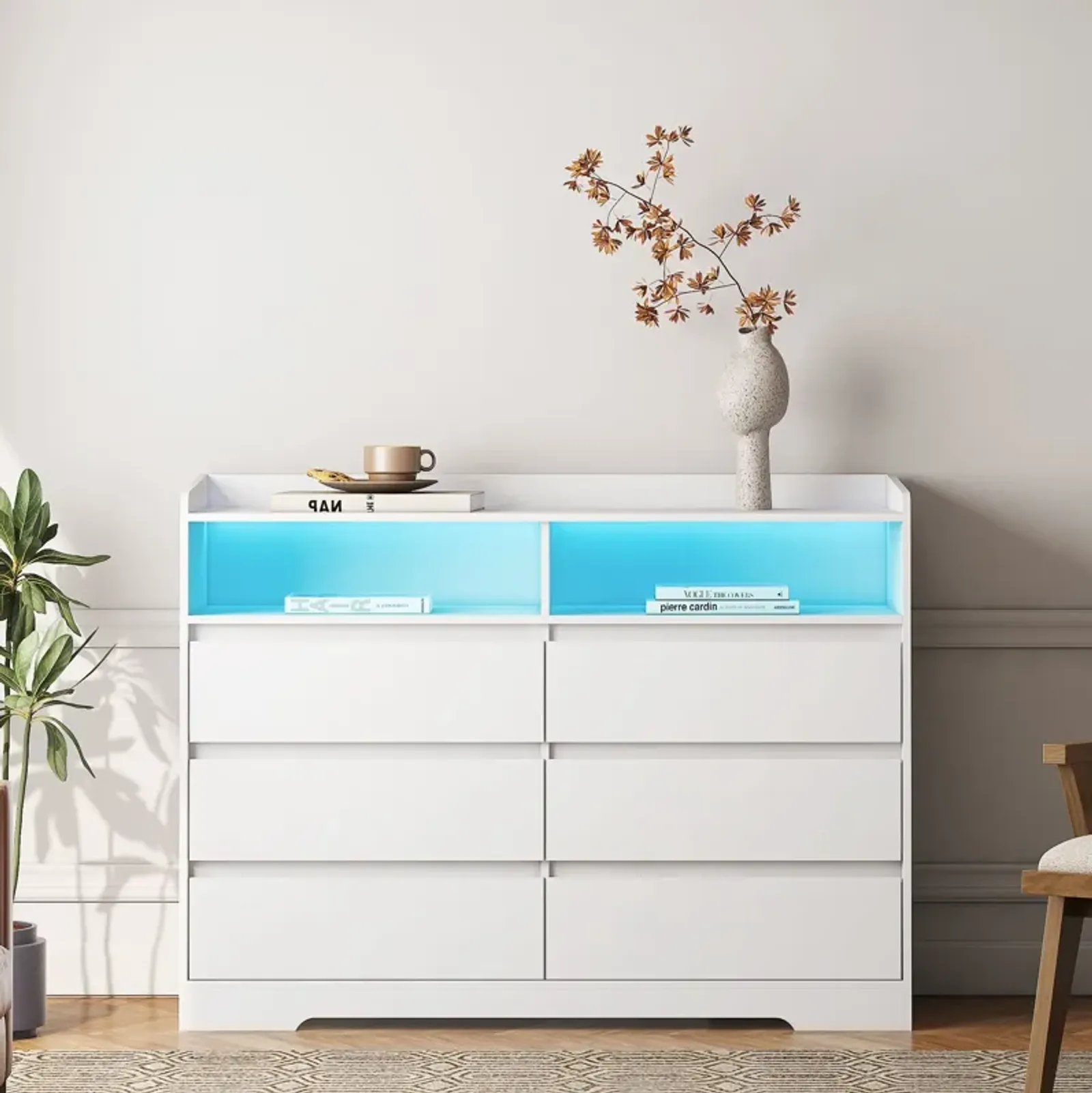 6 Drawer Dresser For Bedroom With LED Lights, Sturdy Frame - White